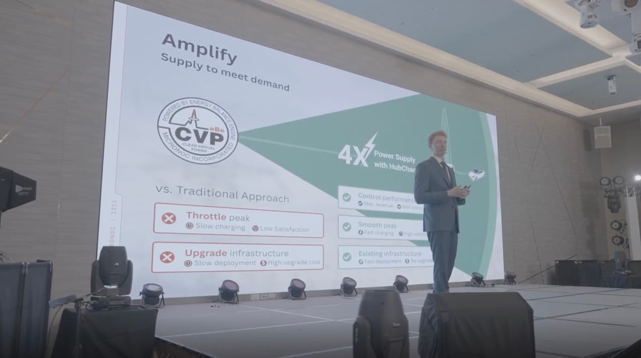 The CVP® system explained on stage — flattening a demand peak instead of throttling it.
